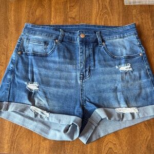 Denim Blue Distressed Women Jean Shorts Rolled Cuff Size Large